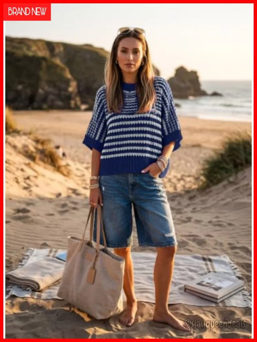 3/4 Sleeve Striped Sweater Top, Crewneck Knit Pullover